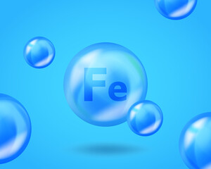 3D Mineral Fe Iron drop pill capsule. Blue nutrition design for beauty, cosmetic, heath advertising. Realistic mineral Fe Iron design