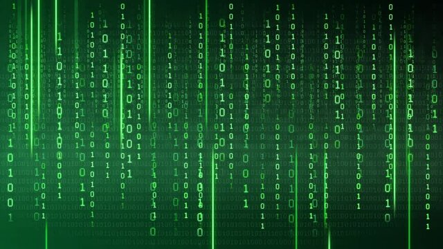 Binary code on a dark background. Abstract animated background from particles of a computer program. Hacker attacks and cyber security concept.