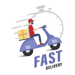 Fast delivery service, online tracking of delivery, delivery to any place. A man on a scooter wearing a mask. Vector illustration
