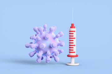 Close-up of coronavirus and syringe on a blue background. Coronavirus vaccination concept. 3d render illustration.