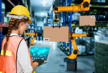 Smart robot arm systems for innovative warehouse and factory digital technology . Automation...