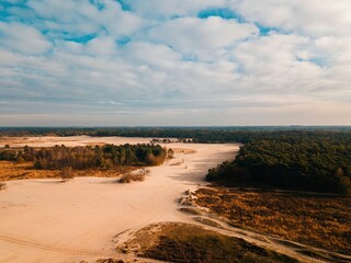 Aerial drone view of the sand dune landscape in the Netherlands, Europe.