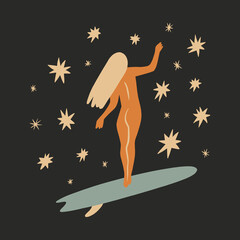 Surfing camp summer hippie groovy surf boho naive funky handdrawn style art surfboard elements © Knstart Studio