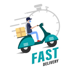 Fast delivery service, online tracking of delivery, delivery to any place. A man on a scooter wearing a mask. Vector illustration