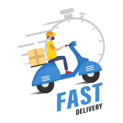 Fast delivery service, online tracking of delivery, delivery to any place. A man on a scooter wearing a mask. Vector illustration