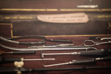 antique surgical instrument, instruments for surgery in the medical museum