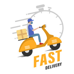 Fast delivery service, online tracking of delivery, delivery to any place. A man on a scooter wearing a mask. Vector illustration