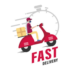 Fast delivery service, online tracking of delivery, delivery to any place. A man on a scooter wearing a mask. Vector illustration