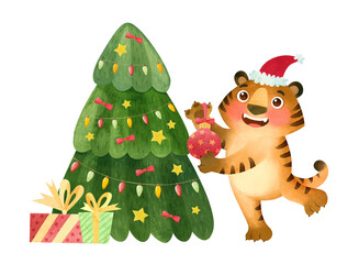 Happy tiger in Santa hat decorates the Christmas tree. The symbol of the new 2022.