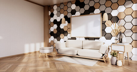 sofa and decoration plants,hexagon tiles wooden, white ,black   on wall Modern room minimalist.3D rendering