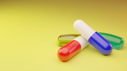 3d medical illustration of pills and capsules on a yellow background