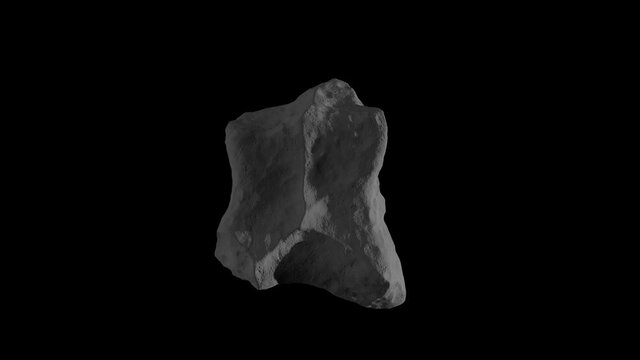 Gray asteroid, meteor flying in the space isolated on a black background with luma matte. Spinning stone 4K 3D render animation in slow motion.