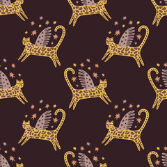 Winged leopard cat boho naive funky handdrawn style art © Knstart Studio