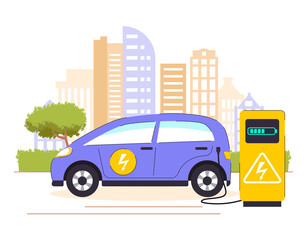 Electric car charging with city background. Concept illustration for environment care, ecology, sustainability, clean air, future. Vector illustration in flat style. Electric charger station.