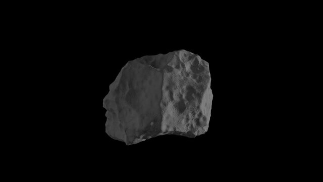 Gray asteroid, meteor flying in the space isolated on a black background with luma matte. Spinning stone 4K 3D render animation in slow motion.