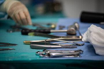 surgical instruments, the surgeon takes the instrument during the operation, the operation in the hospital, the operating nurse