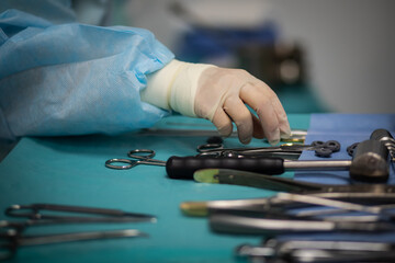 surgical instruments, the surgeon takes the instrument during the operation, the operation in the hospital, the operating nurse