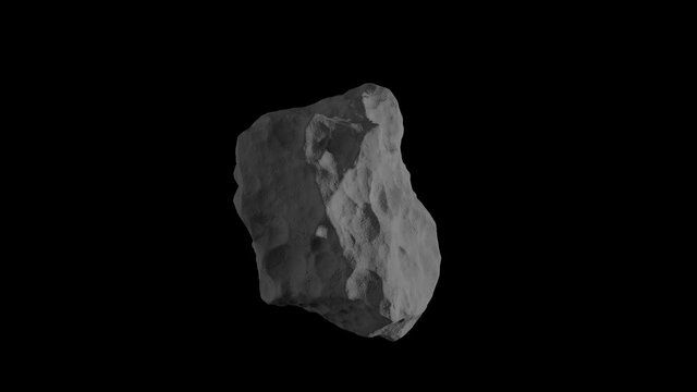 Gray asteroid, meteor flying in the space isolated on a black background with luma matte. Spinning stone 4K 3D render animation in slow motion.