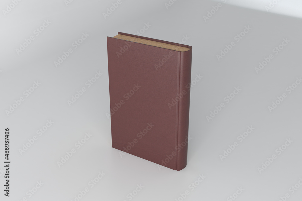 Poster 3d rendering of a book with a brown cover and copy space over a gray background