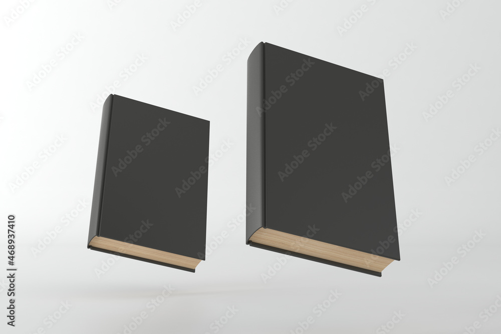 Poster 3d rendering of two books with a black cover and copy space over a gray background
