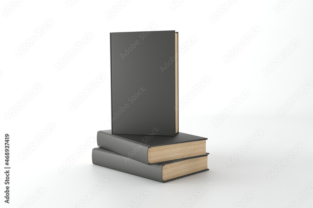 Poster 3d rendering of three books with a black cover and copy space over a white background
