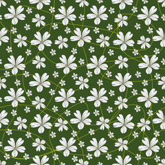 A blooming floral pattern in blooming botanical motifs is scattered randomly. Seamless vector texture. For fashionable prints. Print in a hand-drawn style on a green background, vector