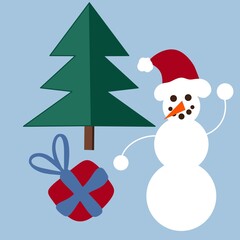 Set Christmas trees and snowman on blue background for fabrics 