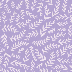 Naklejka na ściany i meble Leaves seamless repeat pattern. Random placed, vector botany plant parts all over surface print on lilac background.