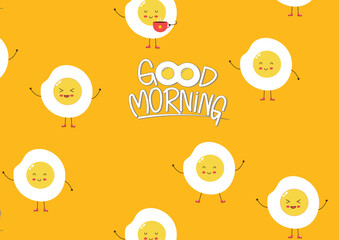 Cute happy fried egg set. greetings to start the day on a positive pattern. design,simple flat style. fried egg character bundle. good morning concept pattern.