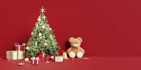 Fotobehang Kerstboom met geschenkdozen, teddybeer en versieringen op rode achtergrond. 3D-rendering © aanbetta