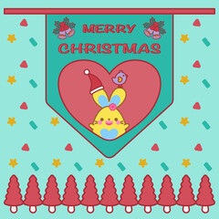 Merry Christmas! Cute sign. Confetti background. Happy cute bunny and adorable bird in red heart on green sign. Decorated with red pine tree.
