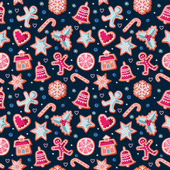 Christmas seamless background. Colorful Gingerbread cookies. Traditional pattern for wrapping paper, banners, pajamas. Cute design elements. Raster