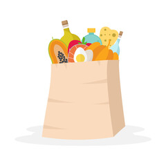 Paper bag with food and vegetables. Grocery in shopping bag. Vector illustration.