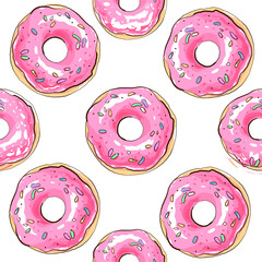 Pink Donut seamless pattern on white , hand drawn vector tasty sweet dessert