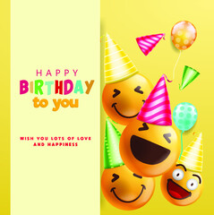 Happy birthday vector design wearing a birthday hat, ballons in white blank space for messages and texts for birthday celebrations and big parts. Vector illustration.