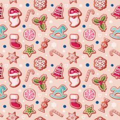Christmas seamless background. Gingerbread cookies. Traditional festive pattern for wrapping paper, banners, pajamas. Raster
