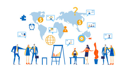 Business people working together next to world map. International, global business.Economy, finance industry, research, advisory, analysing data. Business concept  illustration
