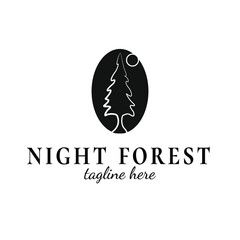 Forest logo design logo template. Moon and tree forest brand identity logo concept. Backpacker emblem design vector illustration. Black and white traveler branding element.