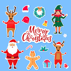 Traditional Christmas and New Year's cartoon characters and objects for creating invitations, cards, posters for celebration. set of stickers