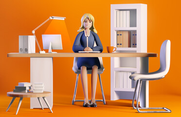 3D rendering illustration. Successful happy business woman working in office by his desk. Office working environment. Busy businessman working with computer, thinking