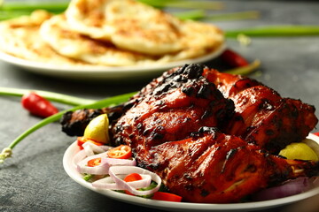 Delicious street foods background- crispy grilled chicken . Indian non vegetarian recipes.