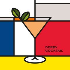 Derby cocktail in cocktail glass, garnish with mint leaves and grapefruit slice. Modern style art with rectangular color blocks. Piet Mondrian style pattern.