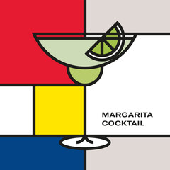 Margarita cocktail in margarita glass with lime slice. Modern style art with rectangular color blocks. Piet Mondrian style pattern.