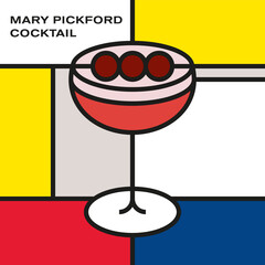Mary Pickford cocktail in champagne coupe, garnish with maraschino cherry. Modern style art with rectangular color blocks. Piet Mondrian style pattern.