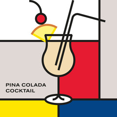 Pina colada cocktail in Poco Grande hurricane glass with drinking straw, garnish with pineapple wedge, maraschino cherry. Modern style art with rectangular color blocks. Piet Mondrian style pattern.