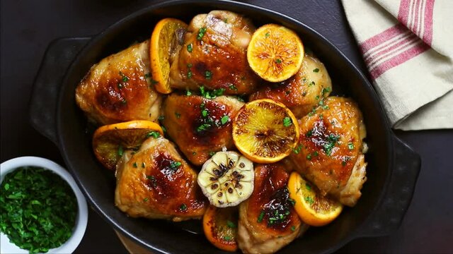 Baked chicken with oranges, garlic and mint. Recipe.