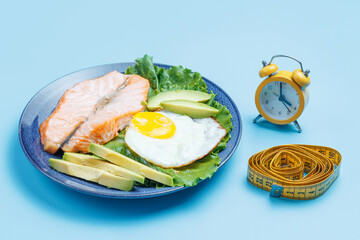 Plate with fish and egg, yellow alarm clock on blue background.