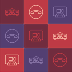 Set line Movie, film, media projector, Video chat conference and Telephone handset icon. Vector