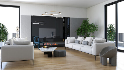 Illustration 3D rendering large luxury modern bright interiors Living room mockup computer digitally generated image