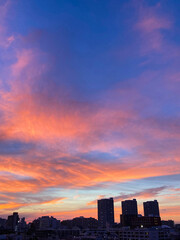 夕焼け　夕方　秋　マジックアワー　トワイライト　東京　上空　空　晴れ　雲　天気　新宿　高層ビル　住宅街　青　飛行ルート　ビル　建物　青空　晴天　街並み TOKYO　新宿　　住宅　街　町　グラデーション　自然